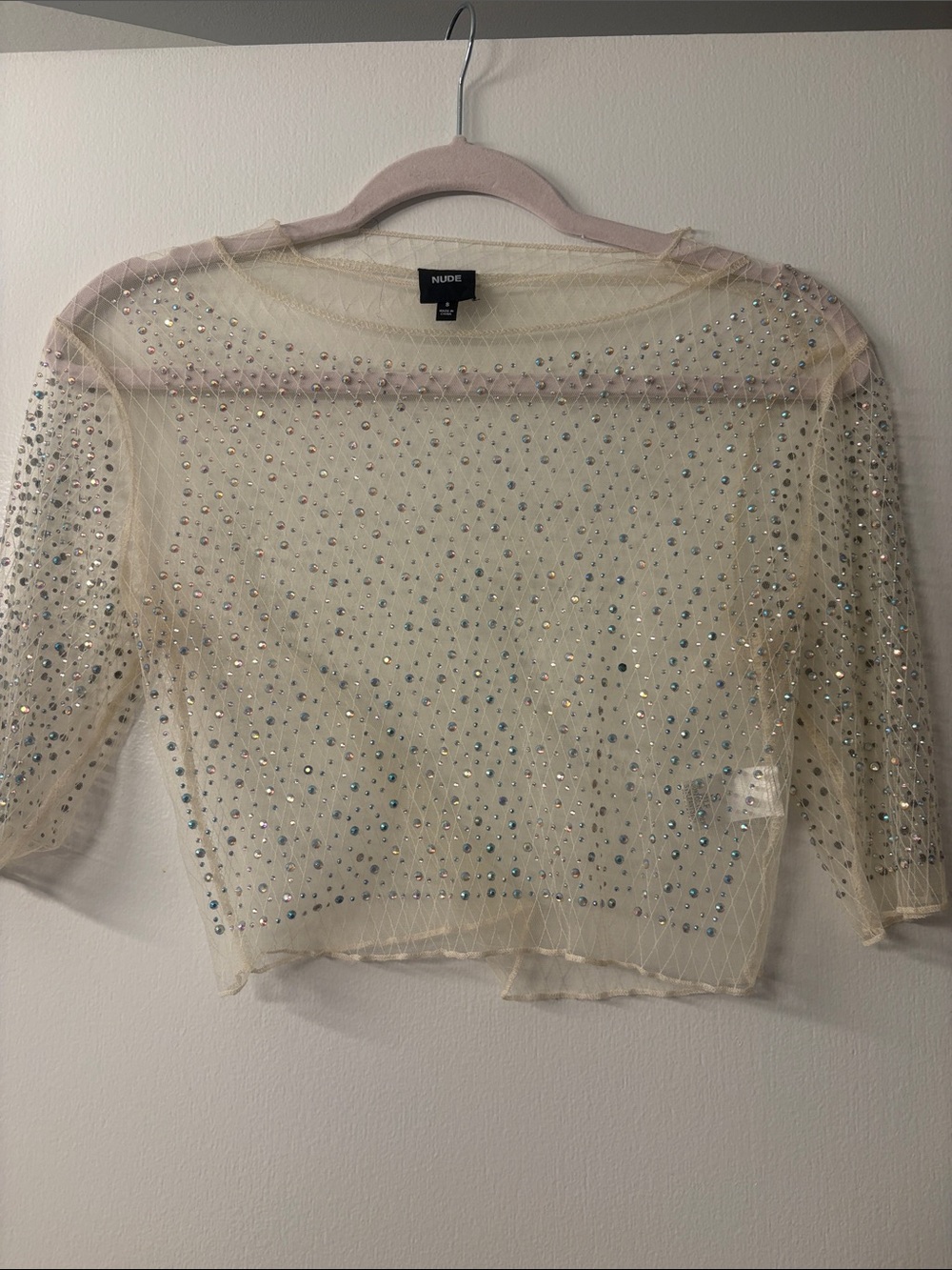 NUDE Ivory Beaded Mesh Crop Top